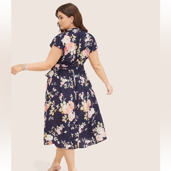 BloomChic Floral Frill Trim Mock Neck Pocket Ruffle Belted Cap Sleeve Dress - Picture 2 of 9